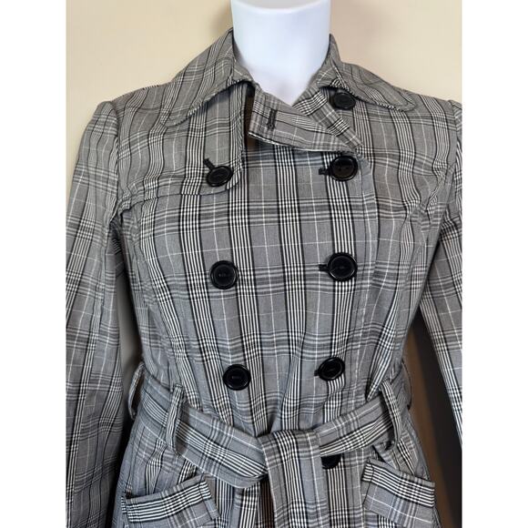 BCX Plaid Trench Coat L Black White Gray Belted Double Breasted Academia Y2K - Picture 3 of 14